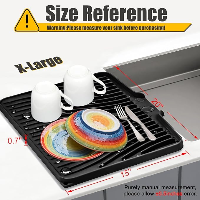 TIKNIK Silicone Dish Drying Mat, Stone Drying Mat for Kitchen Counter with Built-In Drain, Non-Slip Drain Pad with Built-in Drain, Heat Resistant Stone Drying Mat, Hangable, Black-1pc, 20" x 15"