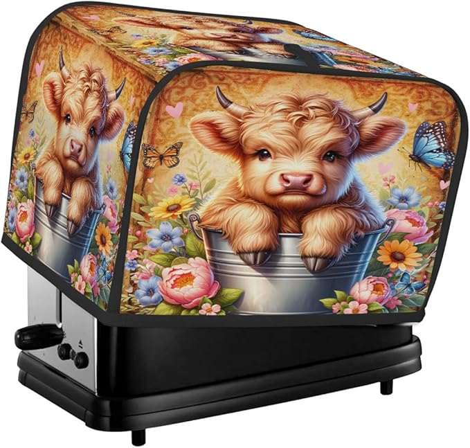 Highland Cow Retro Cute 4 Slice Toaster Cover Dust And Fingerprint Bread Maker Cover Bakeware Protector Washable Appliance Covers Kitchen Accessories For Home Kitchen Women Gift