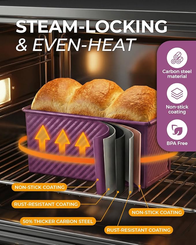 CARTMAN Bread Loaf Pan 2 Pack, 8x4 Pullman Loaf Pan with lid and a Silicone Spatula and Basting Pastry Brush, 1 lb Dough Capacity,Non-Stick Carbon Steel bread pans for homemade bread Plum Purple