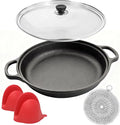 Cast Iron Skillet - Flat Bottomed Frying Pan with Assist Handles,Round Tempered Glass Lid, Cast Iron Scrubber,Silicone Oven Mitts for Stovetop,home baking ﻿ (8.5 inch)