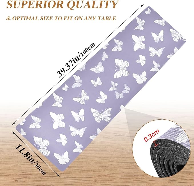 2 in 1 Table Runner Trivet for Hot Pots and Pans Heat Resistant Non Slip Waterproof 39 x 12 Inch Decorative Table Protector for Kitchen Countertop White Butterflies Purple