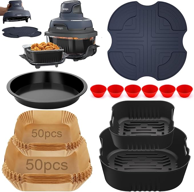 Air Fryer Accessories for Ninja Crispi 4QT & 6-Cup Glass Containers FN101GY | FN101ST | FN101SG | FN103BF, 12 Piece Ninja Crispy Accessories Silicone Liners, Paper Liners Disposable, Trivet Mat