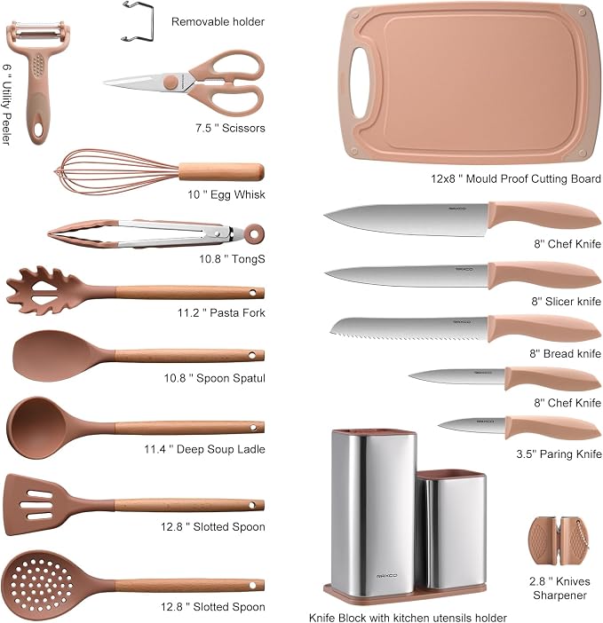 RAXCO Utensil Sets,18-Piece Silicone Cooking Utensils and Knife Set,Mousse | Dishwasher-Safe Kitchen Utensils,Large Capacity Countertop Organizer for Knives,Utensils,Cutting Board