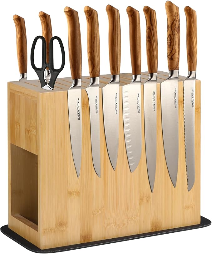 Double-Sided Magnetic Knife Holder Rack - Bamboo Wood Storage Stand with Absorbent Protection Pad, Can Hold Up to 26 Knives.