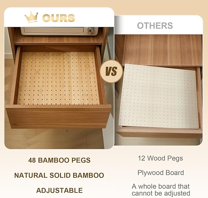 Kigley 6 Pcs Wood Pegboard Drawer Organizer with 48 Pegs Wooden Peg Board System Peg Drawer Organizers for Kitchen Dishes Plate Pegboard Food Containers (17x5.91,Bamboo)