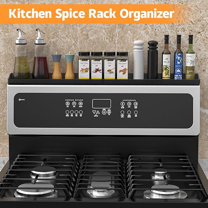 Foeacry Magnetic Stove Top Shelf 30 Inch - Heat Resistant Silicone Over the Stove Shelf Spice Rack Organizer - 3 Functional Partitions Kitchen Organization and Storage for Spices, Oils & Gadgets