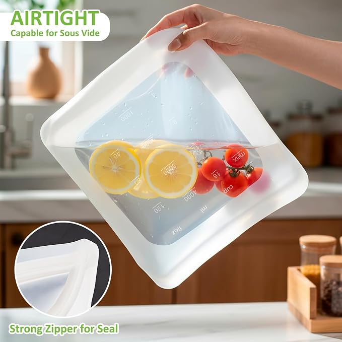 100% Silicone Gallon Storage Bags, Extra Large Reusable 1 Gallon Silicone Storage Bags Stand-Up Zip-Lock Leakproof for Bulk Food & Large Portions, Freezer Microwave Sous Vide Dishwasher Safe, 4 Pack
