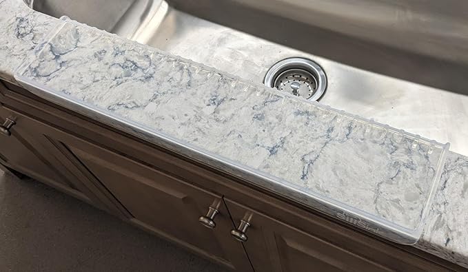SiliProducts SiliSink XL Silicone Edge Guard for Kitchen Sink - Fits 3.75” - 4” Wide - The Original Silicone Sink Edge Protector with Sponge Caddy - Splash Guard, 20” Clear Diamond