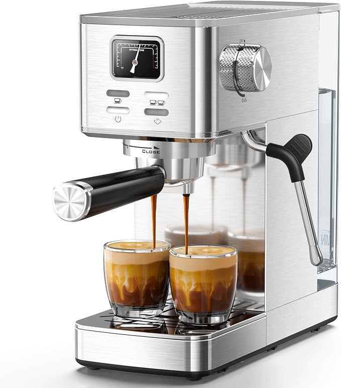 Electactic Semi-Automatic Espresso Machine, 20 Bar Stainless Steel Espresso Machine with Pressure Gauge, Steam Milk Frother, Hot Water Function, Removable Water Tank & Cup Warmer