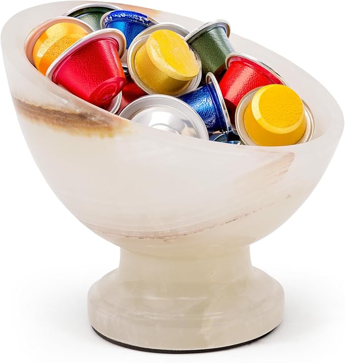 Marblous Krafts White Onyx Marble Coffee Pods Holder for Counter 7 Inch Espresso Accessories Storage Bowl, Pod Organizer, Coffee Bar Decor, Stone Kitchen Countertop Holder & Decorative Bowl for Fruit