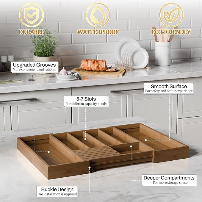 Bamboo Kitchen Silverware Drawer Organizer - Expandable Wood Utensil Holder with Dividers, Luxury Cutlery Storage Tray for Kitchen Utensil and Flatware (5-7 Slots with Removable Knife Block, Walnut)