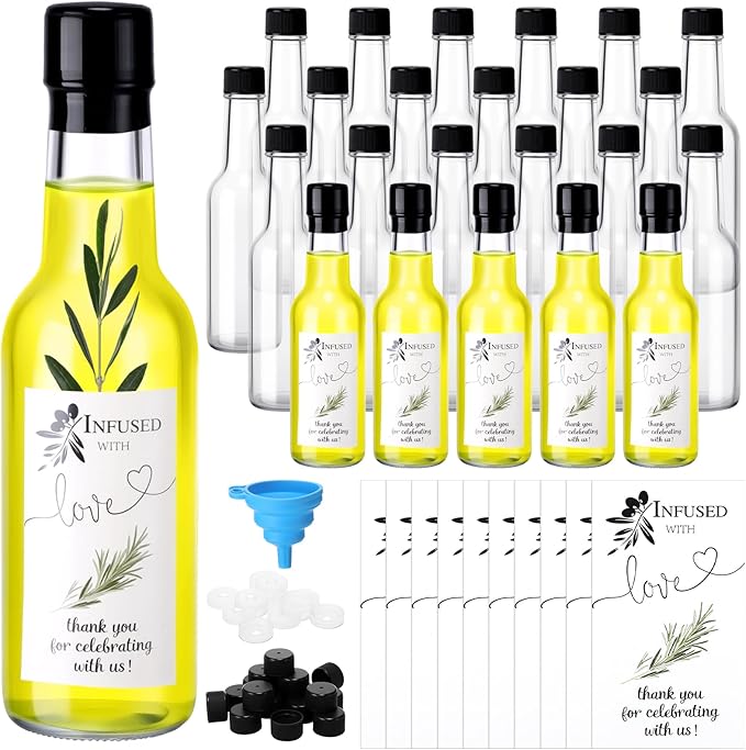 Reallnaive 30 Sets 5 oz Mini Olive Oil Glass Bottles for Homemade with Lids Heat Shrink Cap Stickers and Funnels Clear Mini Olive Oil Woozy Bottle Hot Sauce Glass for Wedding Favors Guest Babyshower