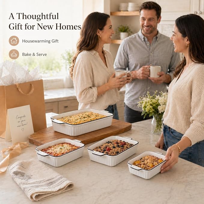 Ceramic Bakeware Set of 4, Deep Rectangular Casserole Dishes for Oven to Table, Non-Stick Lasagna Pans with Handles, Stackable Baking Pans for Family Dinners & Housewarming Gift