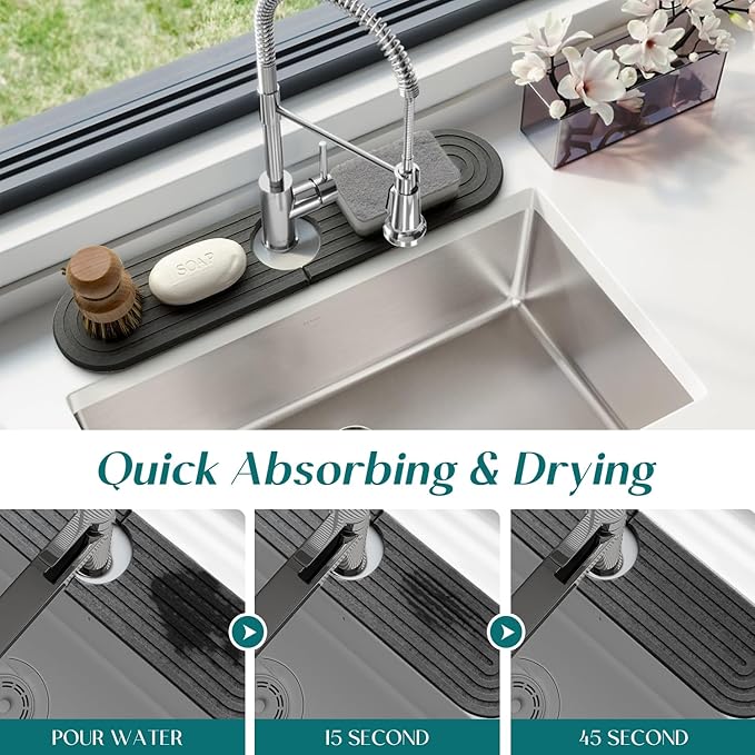 Dreatim Kitchen Faucet Absorbent Mat - Diatomite Stone Sink Tray, Quick Drying, Modern Design - Durable Faucet Drip Mat for Kitchen Sink and Bathroom Counter [17.7" x 3.9", Dark Grey]