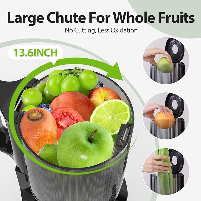 Cold Press Juicer For Whole Fruits, Aeitto Juicer Machines with Large Feed Chute, Self Feeding Juice Extractor Machine, Easy to Assemble, Easy to Clean & Use, High Juice Yield