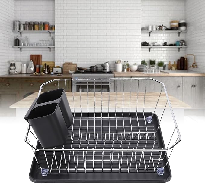 Asixxsix Dish Drying Rack, Anti Rust Coated Dish Drainer with Utensil Holder and Drainboard, Sink Organization and, 14" x 12" x 5" for Home and Apartment Decor (Silver)