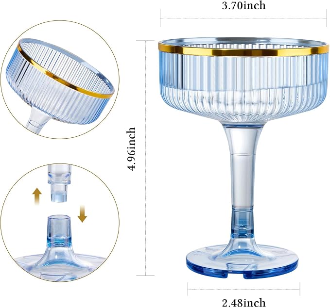 Goodluck 4-Tier Champagne Tower Glasses - 20 PCS 7oz Blue Plastic Champagne Flutes, Plastic Coupe Glasses with Vertical Stripes for Weddings, Celebrations, Parties & Birthdays(Gold Rim)