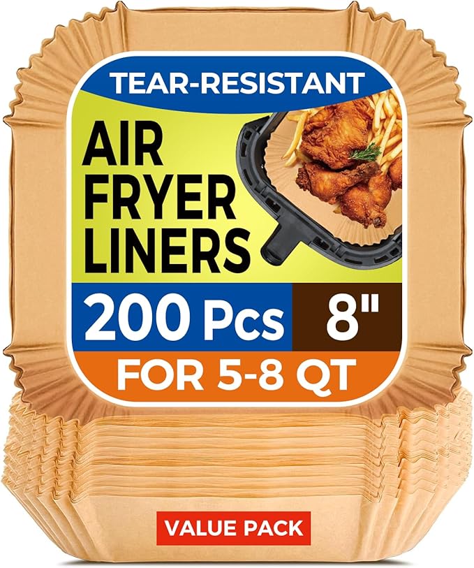 Air Fryer Paper Liners, 200pcs Air Fryer Liners Disposable, 8" Square Baking Paper Liner for 5-8 qt Airfryer Basket, Non-stick and Oil Proof Parchment Paper for Oven, Pans & Baking