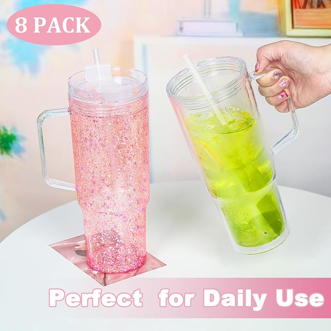 40 Oz Acrylic Snowglobe Tumbler with Handle, 8 Pack Pre-Drilled Double Wall Acrylic Clear Cup Tumbler for Glitter Snow Globe Diy