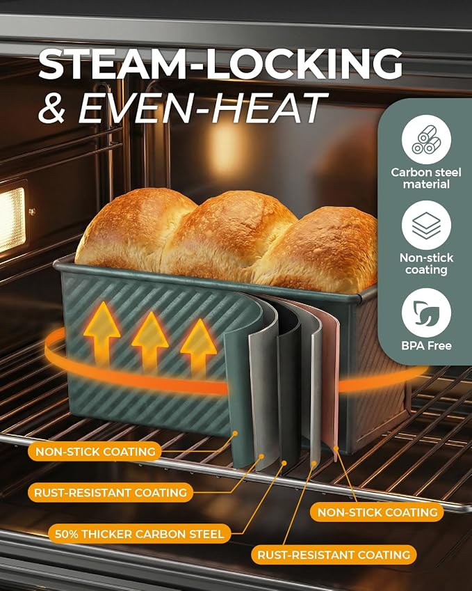 CARTMAN 3-Piece Pullman Loaf Pan with Lid Set – Non-Stick Carbon Steel Bread Pan with Bottom Vents – Includes Large (12"), Medium (8") & Mini (7") Sizes plus Silicone Tools – Sage Green