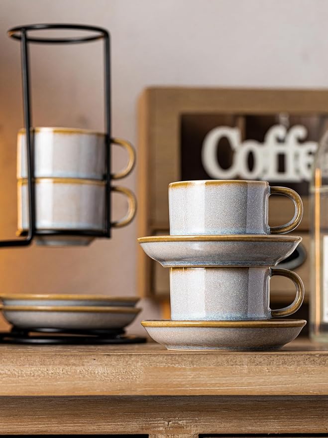 Gomakren 2.5 Ounce Espresso Cups Set of 4, Small Stackable Coffee Cups with Saucers and Metal Stand Father's Day Porcelain Demitasse Cups for Specialty Coffee Drinks, Espresso, Cappuccino, Latte, Gray