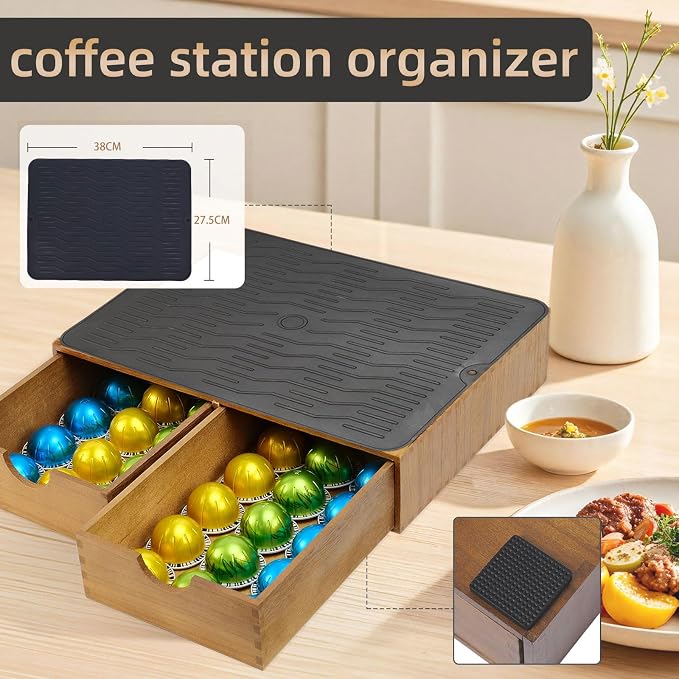 Wooden Coffee Pod Holder Drawer With Silicone Non-Slip Pad,K Cup Organizer Storage Box,Kcup Drawer and Tea Organizer Under Brewer,30 Pod Capacity,Countertop Coffee Station Organizer for Machine Stand