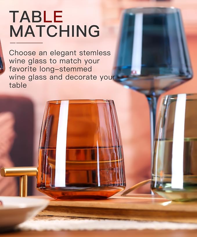 comfit Stemless Colored Wine Glasses Set of 6-15oz Colorful Wine Glasses,Perfect Red Wine Glass Stemware for Wine Lover in Wedding,Engagement Gifts
