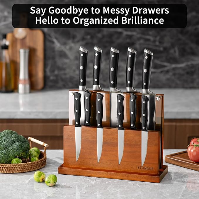 Magnetic Knife Block Extra Large Four-Side Kitchen Knife Holder With Strong Magnetic Strips -Acacia Wood Universal Knife Storage Organizer with Acrylic Shield No Drilling Rack for Kitchen Counter