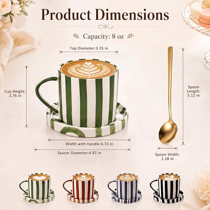 Unittype 8oz Cappuccino Cups Set of 4 with Saucer and Gold Spoons Ceramic Retro Hand Painted Striped Coffee Mugs with Handle, 4 Colors Art Cup, Dishwasher & Microwave Safe for Espresso, Latte