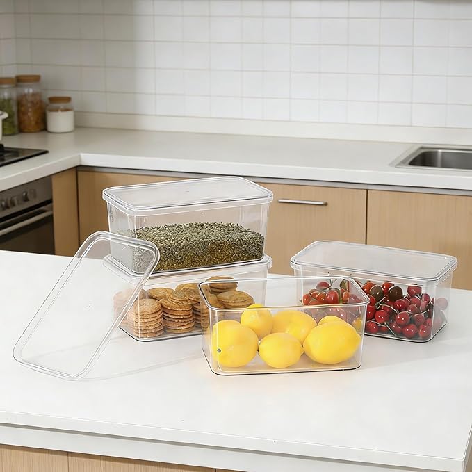 Clear Storage Bins with Lids 4 Packs, Stackable Transparent Storage Containers, Food Grade Fridge Kitchen Cabinet Organizer, Storage Boxes for Fruits , Bathroom and Pantry Organization (4 Small)