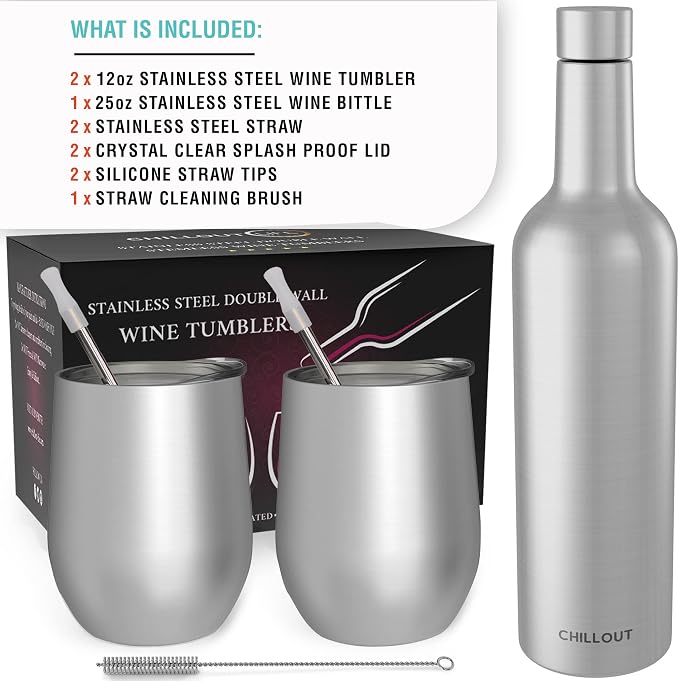 CHILLOUT LIFE 12 oz Stainless Steel Wine Tumblers 2 Pack & 1 Insulated Wine Bottle - Double Wall Vacuum Insulated Wine Glasses Cups with Lids and Straws Set Keeping Cold & Hot Gift Set