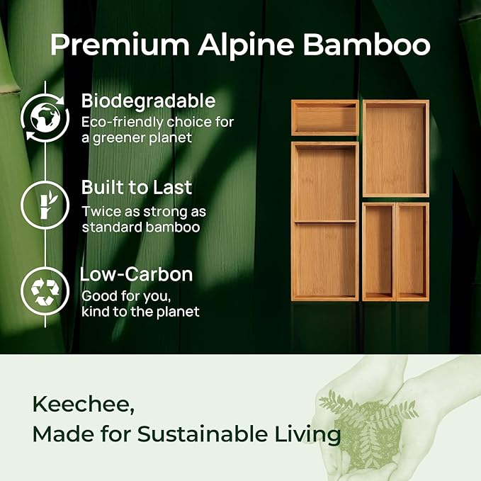keechee Carbonized Bamboo Kitchen Drawer Organizer (Bundle: 5pc Organizers Set)