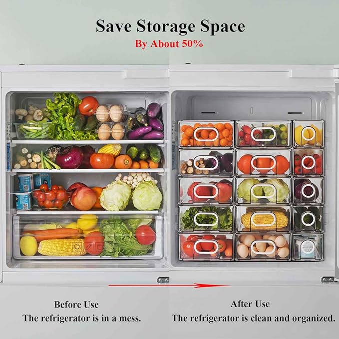 6 PCS Refrigerator Organizers And Storage Stackable Storage Drawers, Large Heavy Duty Fridge Organizer Bins Pull Out Refrigerator Organizer Bins, White Handle, 3 Drawers And 3 Small Cubes