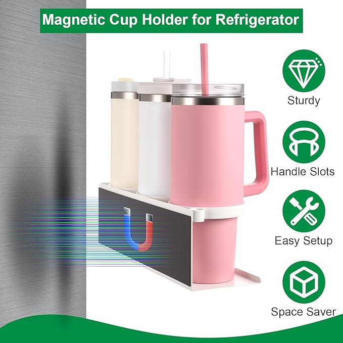 Magnetic Cup Holder Compatible with Fridge Magnetic Tumbler Holder Tumbler Lid Organizer for Refrigerator Compatible with Cup 30&40 oz Water Bottle Rack Accessories(White)