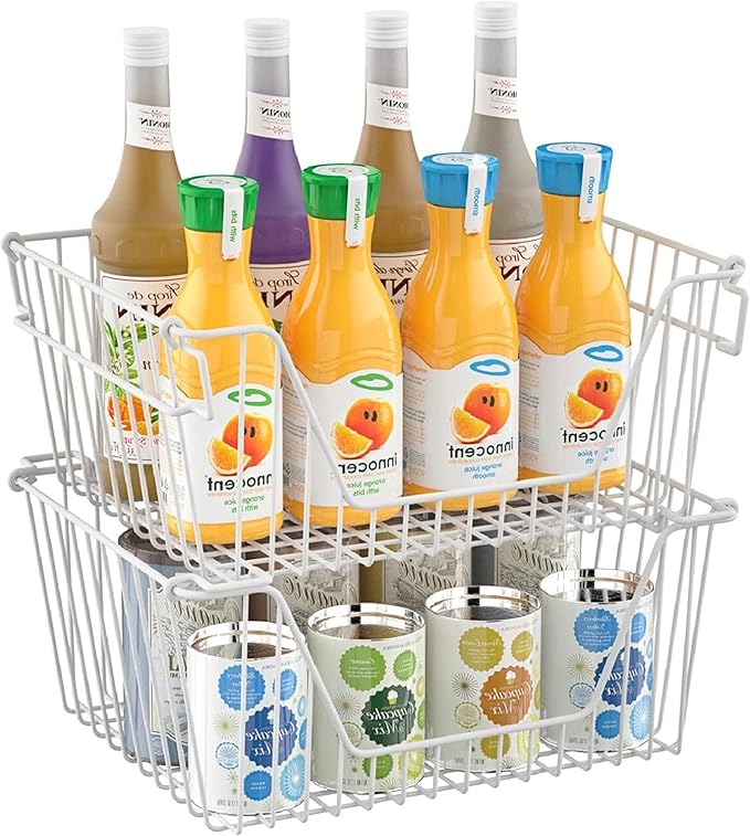 Stackable Wire Metal Baskets Cabinet Organizer Sturdy Metal Wire Pantry Freezer Bin with Handle for Kitchen Fruit Vegetable Organization, White, 3Packs