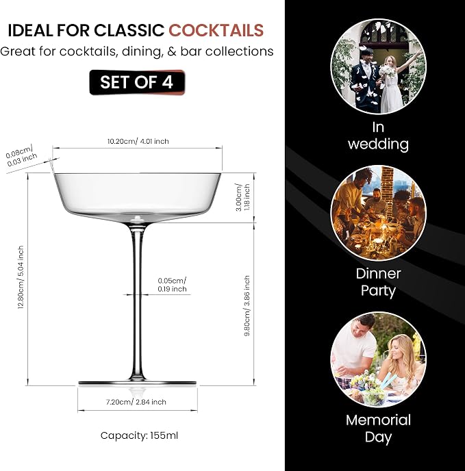Figueroa Wide Coupe Glasses, 5.2 oz Vintage Coupe Cocktail Glasses, Stemmed Champagne Coupe Glass Cups for Martini Margarita French 75 Sparkling Wine, Elegant Bar Drinkware for Home Bar - Set of 4
