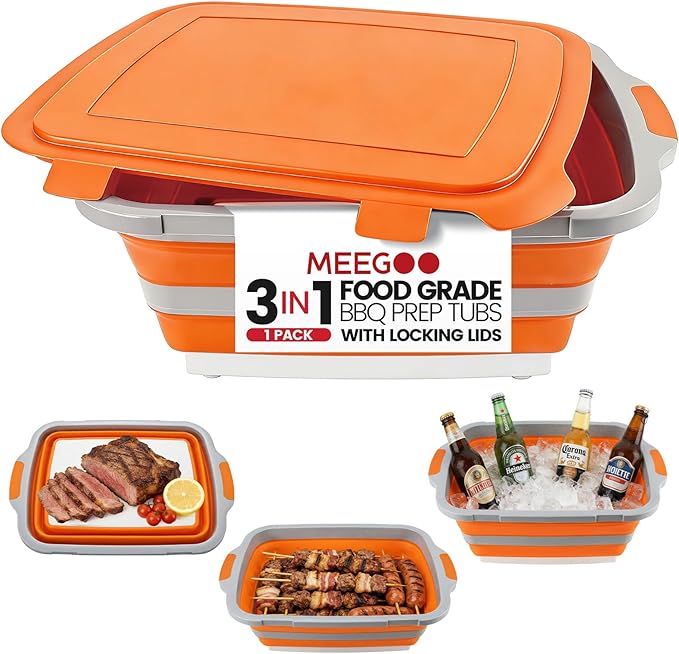 BBQ Prep Tub 3-IN-1 Large 30L Collapsible Cutting Board with Locking Lid for Meal Prep Marinating Food, Camping Sink with Colander, Dish Basin, Storage Blanket for Camping Picnic BBQ, Orange