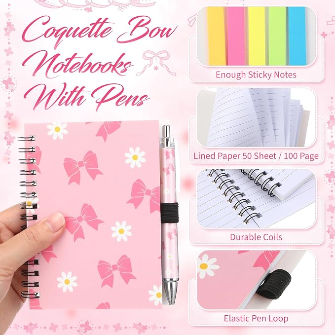 Skylety 12 Set Pink Bow Gifts Coquette Party Favors Bow Glass Cup with Lid and Straw Spiral Notebooks Sticky Pens for Baby Shower Game Prizes for Winners Bridal Shower Bachelorette Party Supplies