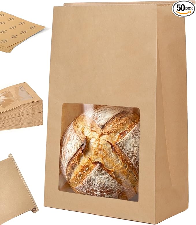 50 Pack Heavy Duty Sourdough Paper Bags Resealable with Window for Round Loaf Selling | Large Thick Kraft Brown Bags for Homemade Bread Gift Giving Sour Dough Packaging 13.6x8.3x4.1in