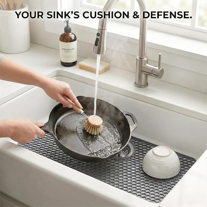 Silicone Sink Protectors for Kitchen - Non-Slip Heat Resistant Grid Mat for Farmhouse Porcelain Stainless Steel, Protects & Cushions Your Sink (Gray 1PCS, 26"x14" Rear Drain)