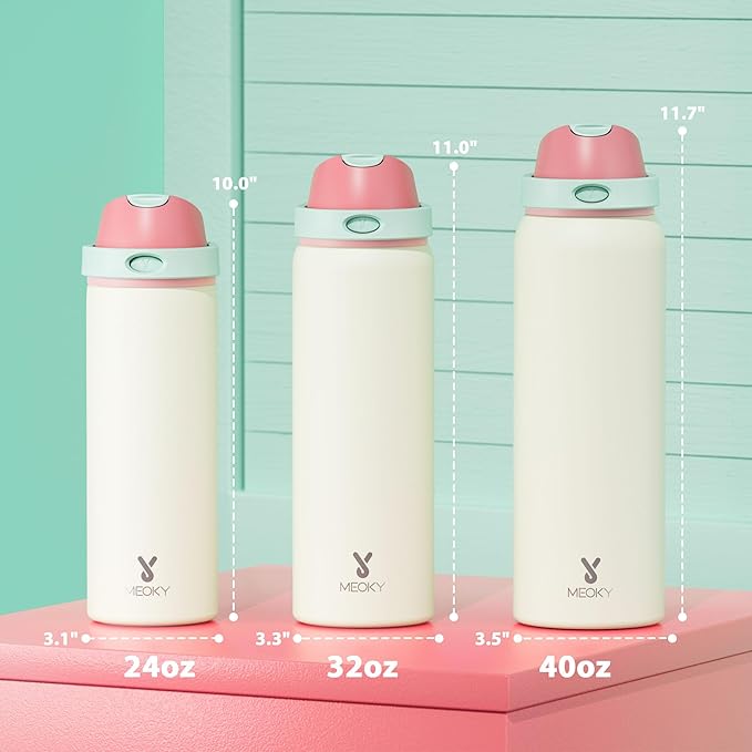 32 oz Insulated Water Bottle with Straw: Meoky Stainless Steel Metal Water Bottle with 2-in-1 Lid - Leak Proof, Cold for 24 Hours, Protective Silicone Base, BPA-Free for Sports Gym, Cream