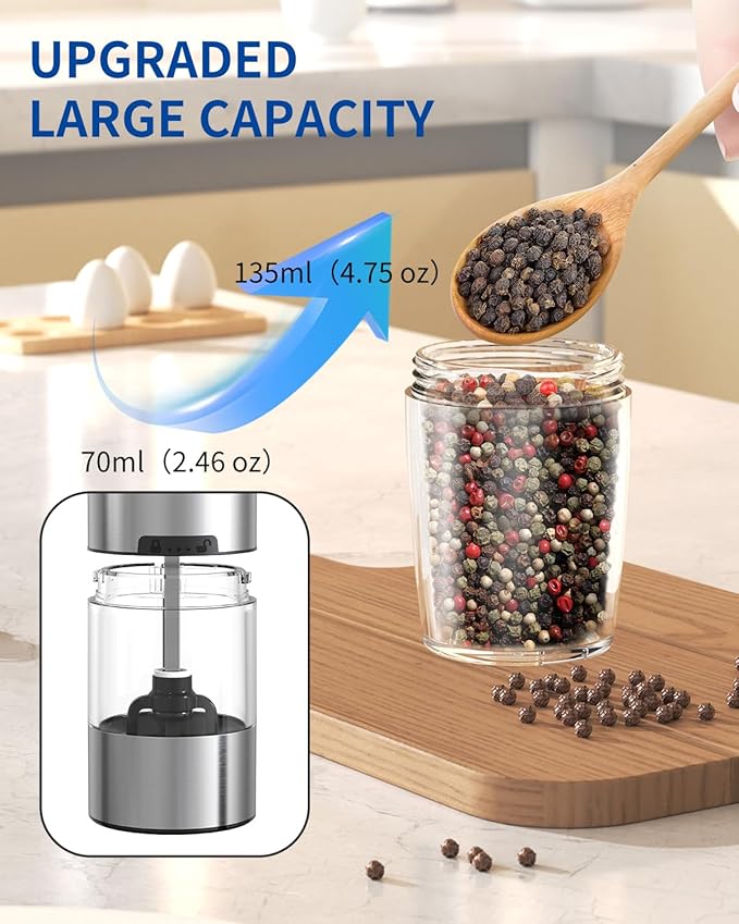 CIRCLE JOY Stainless Steel Graviry Electric Pepper Grinder Automatic Salt Grinder Pepper Griner Mill Electric, Battery Operated, LED Light, Adjustable Coarseness, for Home Kitchen BBQ, Silver