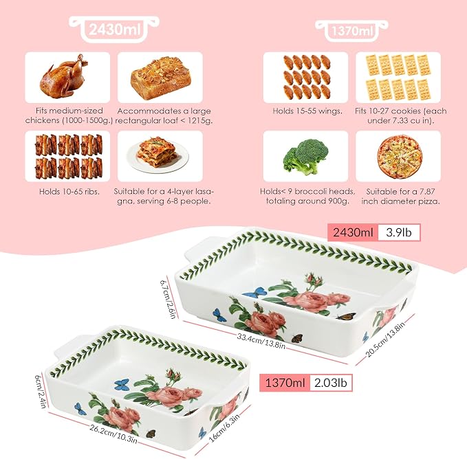 ACMLIFE Ceramic Casserole Dish Set, Ceramic Baking Dish for Oven, Casserole Dish Bakeware Set, Casserole Dishes for Oven, Lasagna Pan, Large Baking Dishes with Handles, Microwave, Dishwasher Safe, Gift Packaging Floral 2 Pcs Set(13"x8"+10.3"x6.3") (Rose)