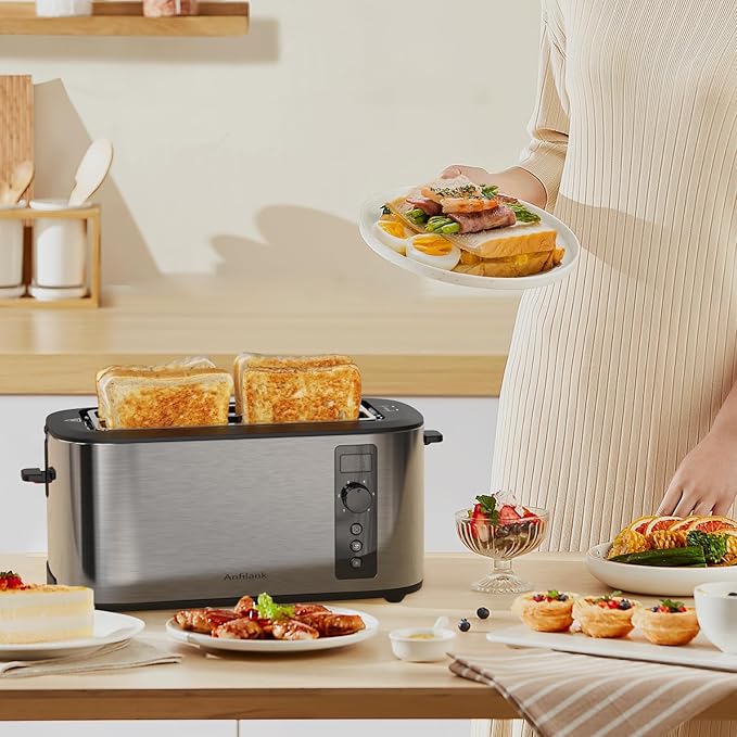 Anfilank Toaster 4 Slice with Countdown Timer, Extra Wide Slots for Bagels and Waffles, 6 Browning Settings, Removable Crumb Tray, Stainless Steel
