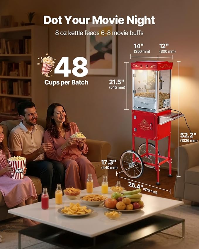 VEVOR Popcorn Machine with Cart, 8oz Stainless Steel Kettle, 800W Commercial Popcorn Maker, 48 Cups per Batch Theater Style Popper, with 2-Button Control Glass Wall PC Door 1 Scoop 3 Spoons, Red
