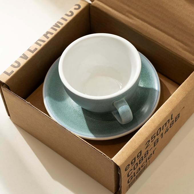 Loveramics Matt Cappuccino Cup, 8 oz Ceramic Latte Art Mug with Saucer, Thick-walled stoneware cup Set, Barista Latte Cup Set for Latte, Cappuccino, Tea - Mineral Colors (Glacier, 8OZ)