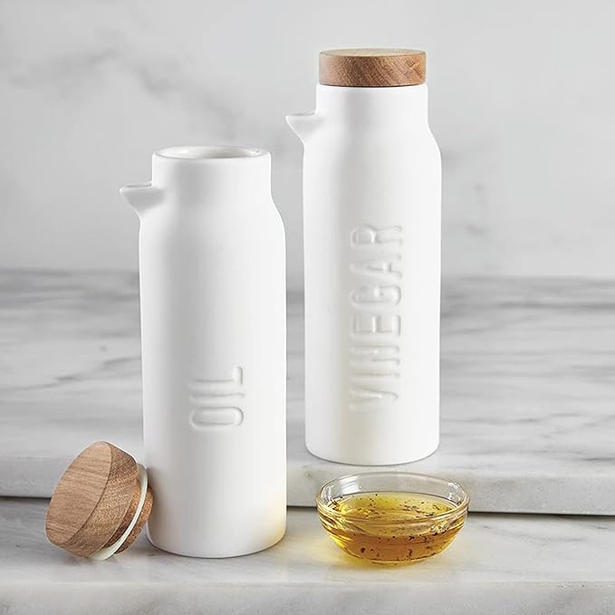 Santa Barbara Design Studio Oil and Vinegar Set of Two Ceramic Dispensers, 6.7" Tall Each, White
