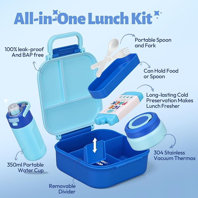 Itslife Bento Box for Kids Set, Insulated Food Container,Kids Lunch Box, 7 oz Thermos for Hot Food, 12 oz Thermos Water Bottle, Reusable Insulated Ice Bag & Fork Spoon Utensils Camping Travel Blue