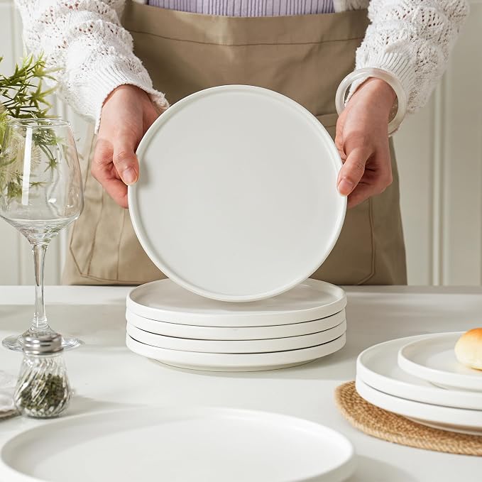 8 Inch Plates, Matte White, Set of 4 | Matte Glaze Stoneware, Microwave Safe, Dishwasher Safe, For Salads & Desserts