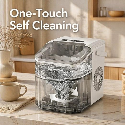 Countertop Ice Maker, Portable Ice Maker Machine, 6-Minute Fast Bullet Ice Maker with Self-Cleaning, Compact Ice Machine with Handle, Basket & Scoop for Kitchen, Home, Office, RV Camping,White